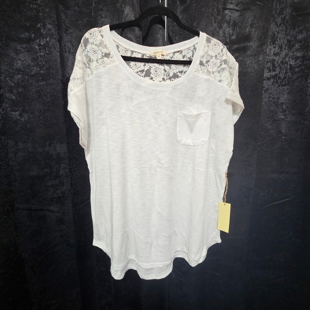 Paper + Tee White Lace Yoke Pocket Tee Slub Knit Top 3X NWT boho peasant classic